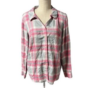 D & Co Long Sleeve Button Up Blouse Shirt Plaid Pink Gray Womens M